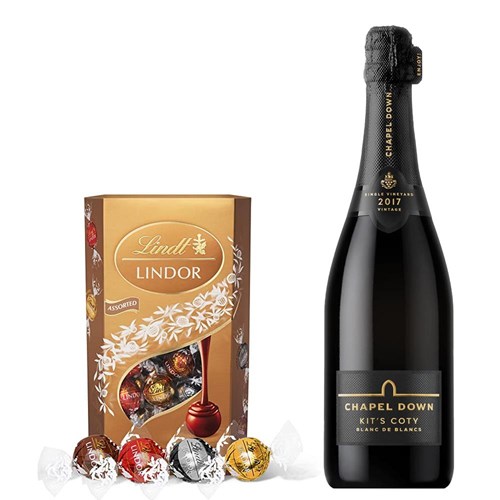 Chapel Down Kits Coty Blanc de Blancs 2017 Vintage English Sparkling 75cl With Lindt Lindor Assorted Truffles 200g